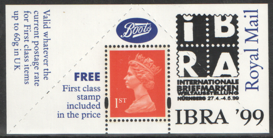 "IBRA '99" overprinted Boots 1st Class Stamp & Label (image for) "IBRA '99" overprinted Boots 1st Class Stamp & Label